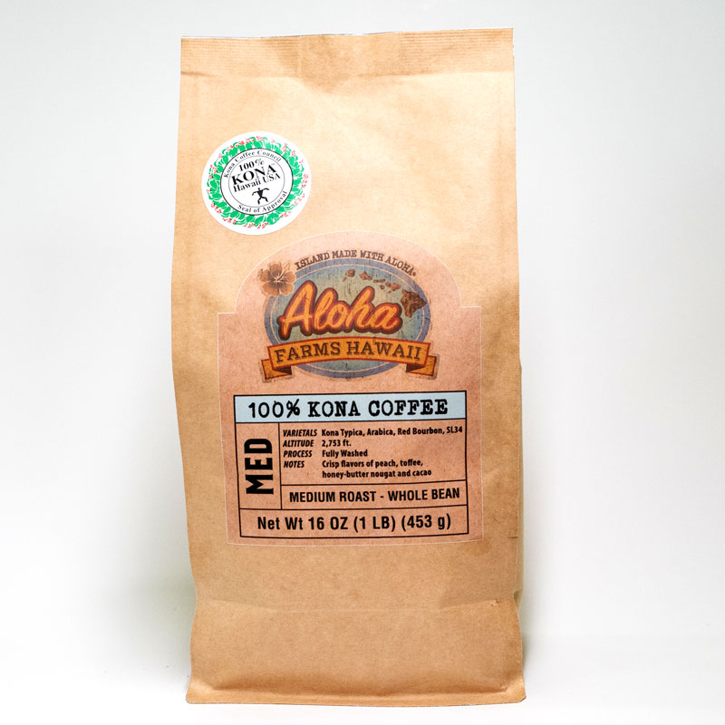 100 percent Kona Coffee Medium Roast whole bean bag front Aloha Farms Hawaii