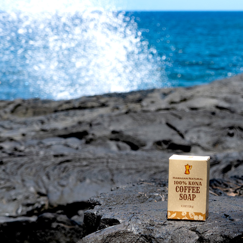 100 percent Kona Coffee Soap sitting on rocks front Aloha Farms Hawaii