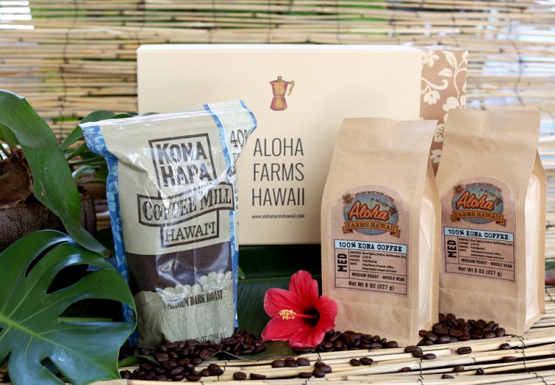 Kope gift box Kona Hapa and Kona coffee bags from Aloha Farms Hawaii