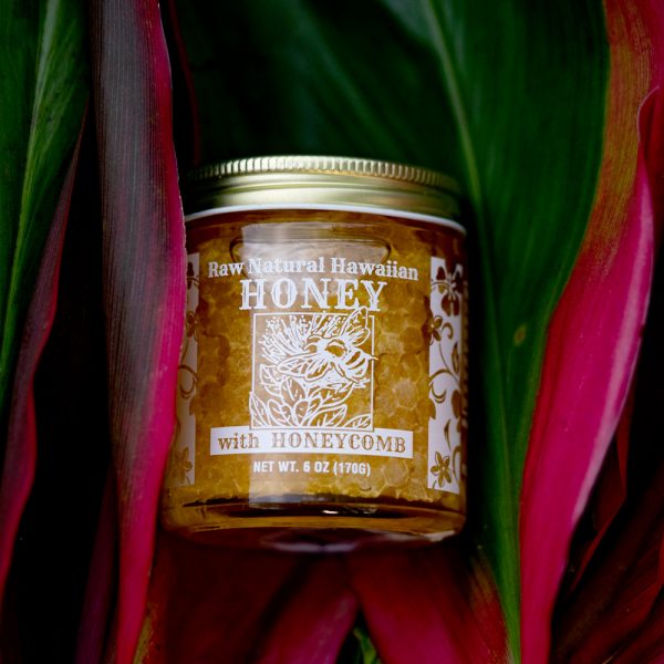 Jar of raw honey with comb from Aloha Farms Hawaii