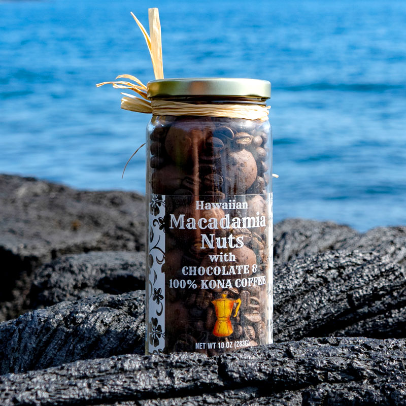 Chocolate covered macadamia nuts with kona coffee in jar Aloha Farms Hawaii