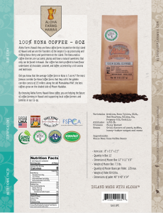 8 oz bag whole bean 100% kona coffee from Aloha Farms Hawaii details cover sheet 
